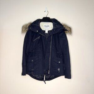 NWOT American Rag Dark Navy Jacket/Coat with Faux Fur Trim Hood Size XS